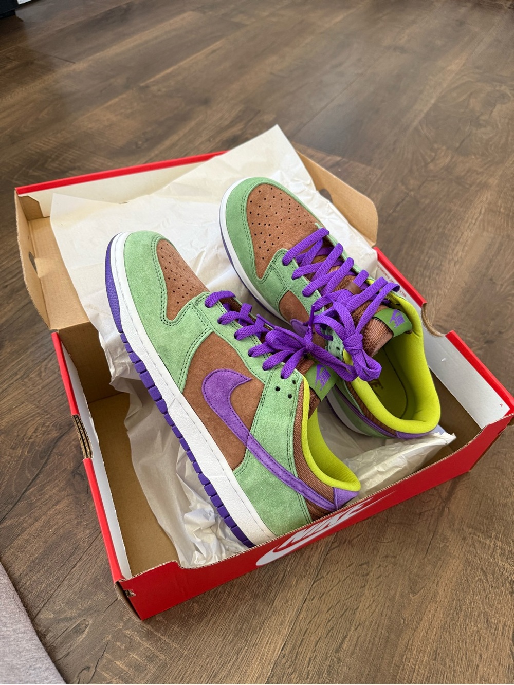 Nike Dunk Low SP Green, Brown & Purple with Neon Yellow Lining - Picture 3 of 6